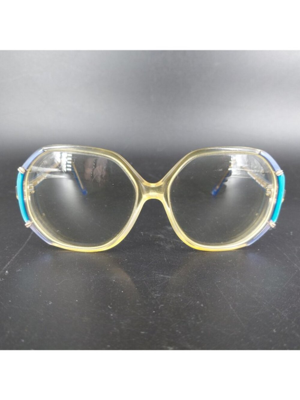 Vintage Rainbow Eye Glasses 80s Blue Yellow Oversized Butterfly Clear Retro M23 - Picture 2 of 16